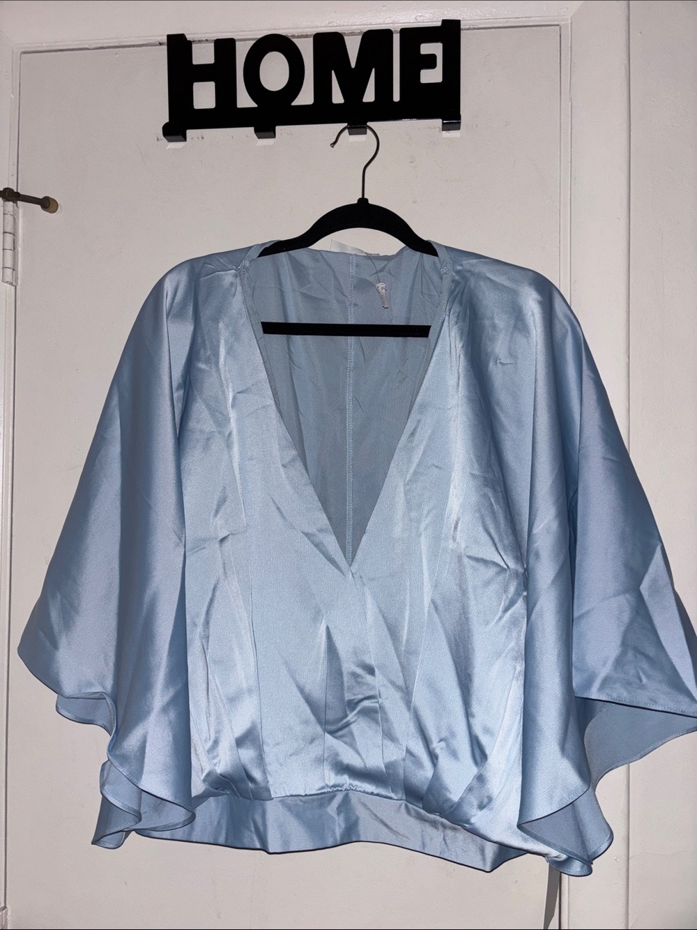 Light Blue Satin V-Neck Draped Blouse